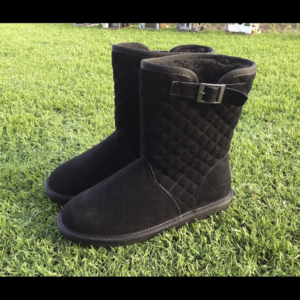 Bearpaw Quilted Leigh Ann Black Boots Sheep Skin 7 - Picture 2 of 8